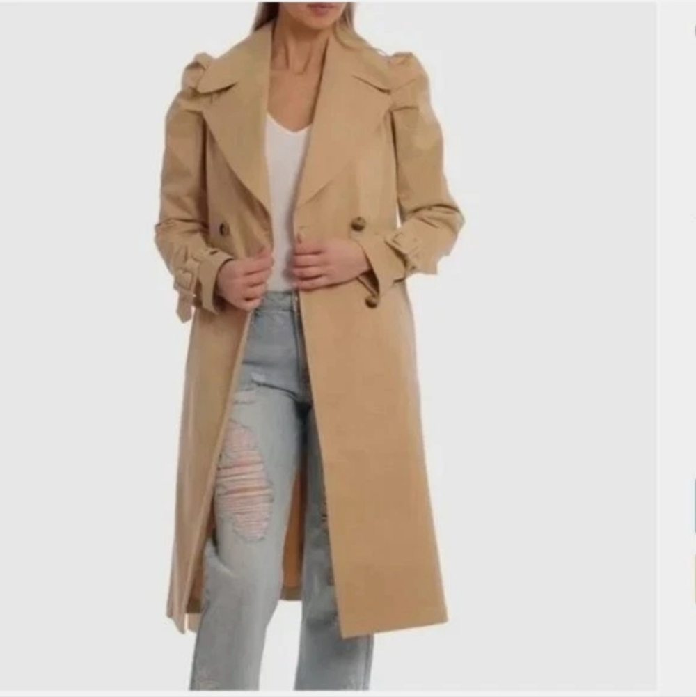 Avec Les Filles Puff Sleeve Classic Tan Trench Coat - Picture 5 of 15